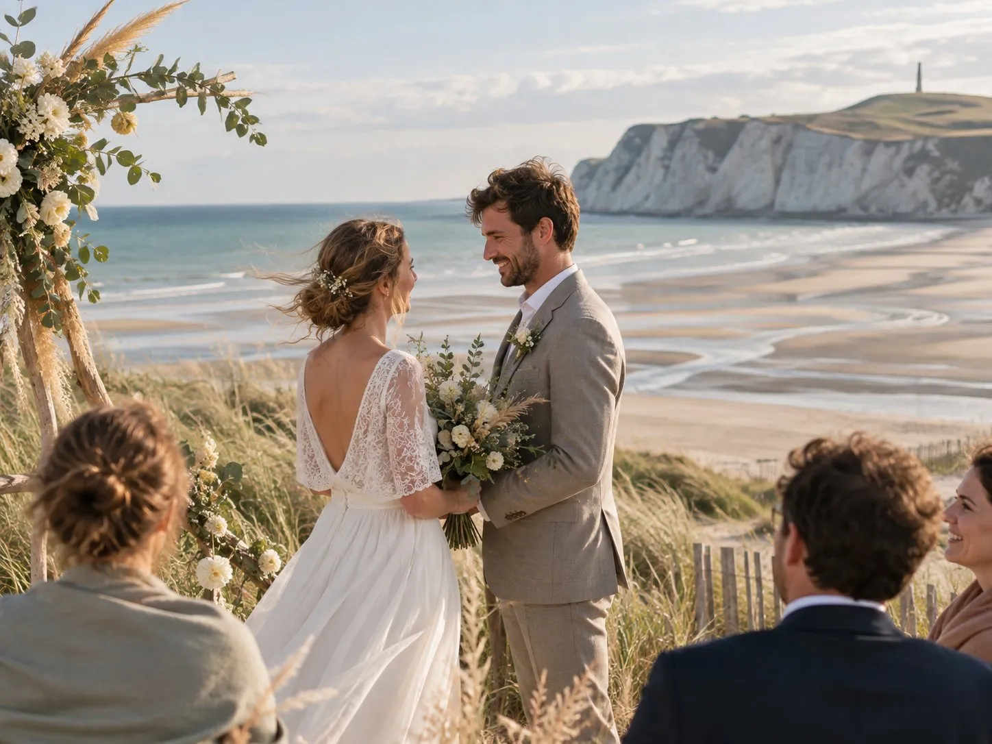 Une cérémonie sur le sable, au pied de la falaise blanche
