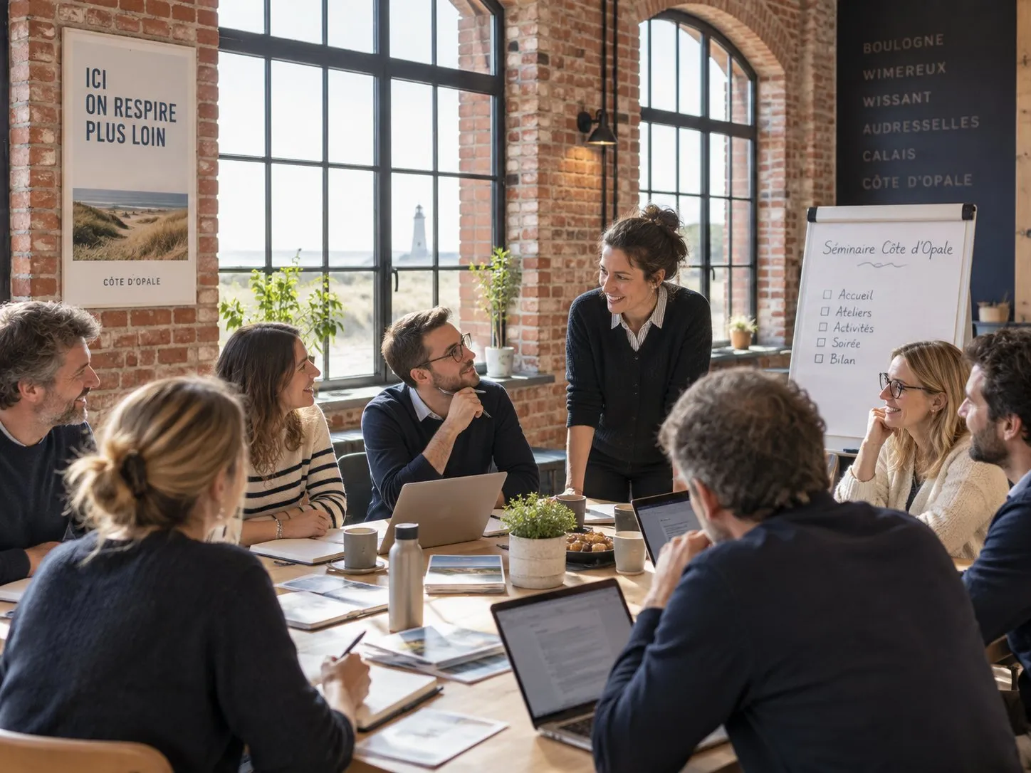 Ein Workshop an einem großen Tisch, im Hintergrund ein Flipchart