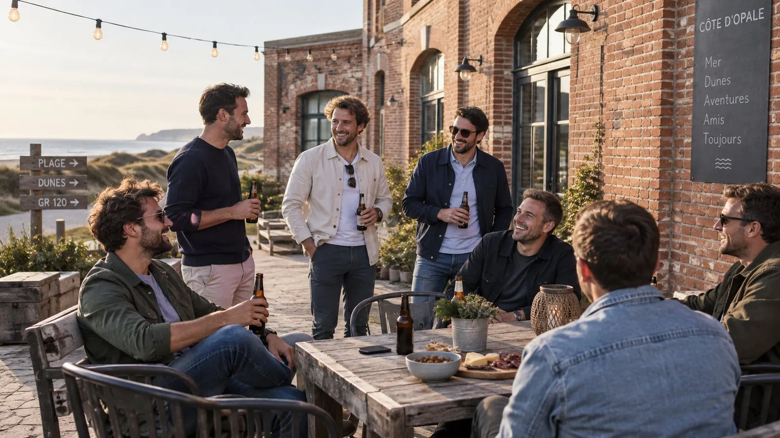 Un groupe attablé en terrasse, en fin de journée