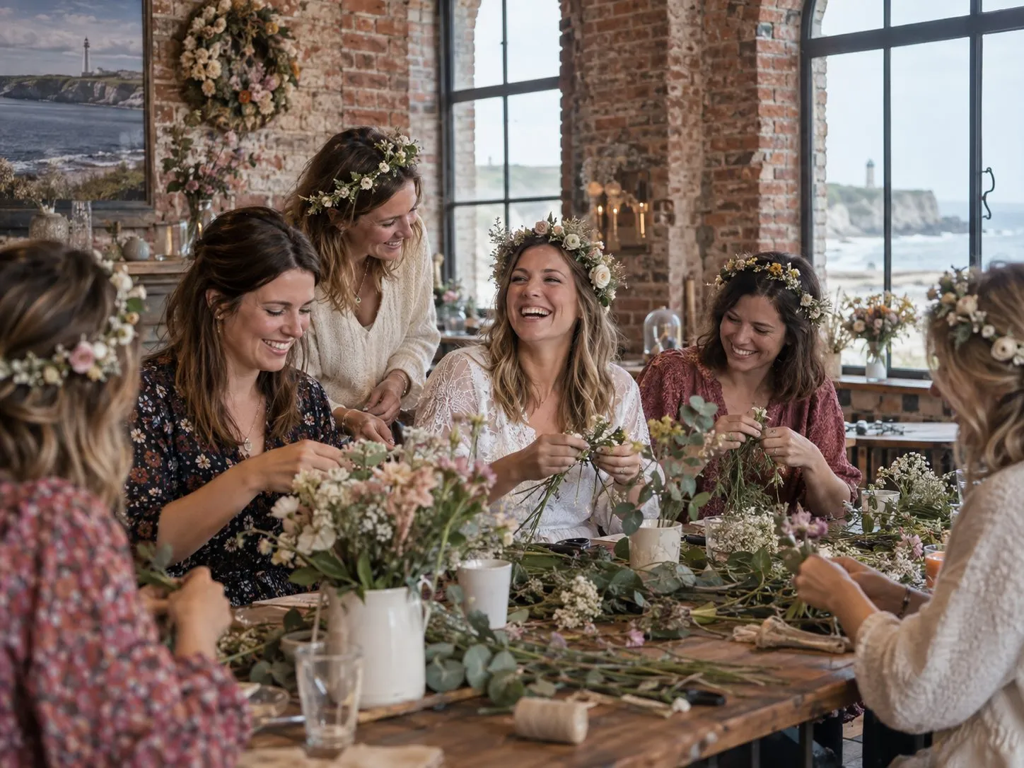 Une table fleurie entre amies, dans une salle en brique