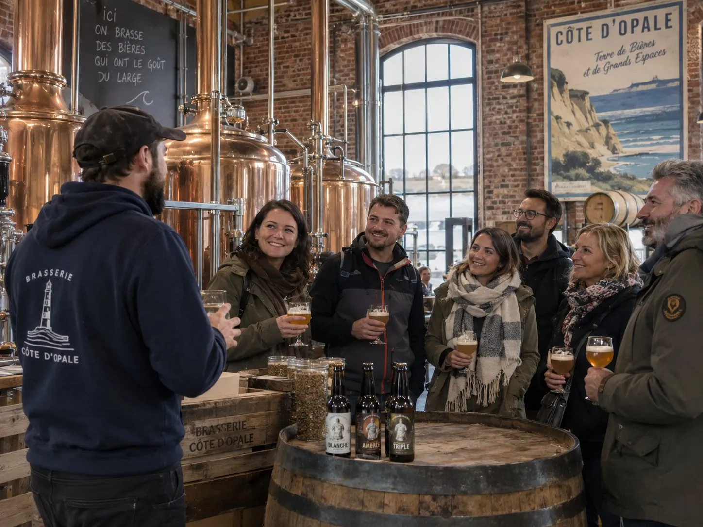 Une visite de brasserie, le brasseur expliquant devant ses cuves