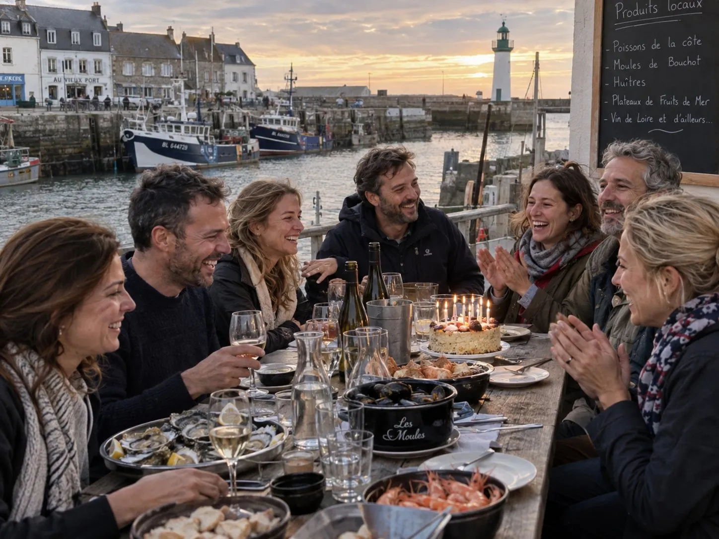 Une tablée de fruits de mer sur le port, au coucher du soleil